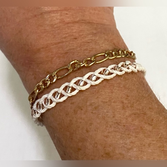 Gold/White Metal/Beaded/Braided Bracelet/Anklet Set (2) Boho Fall Coastal Beach - Picture 1 of 8
